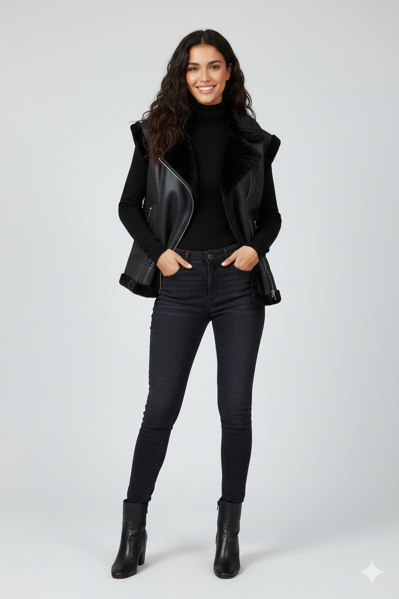 Woman wearing a black leather jacket, black turtleneck, black jeans, and black boots on a white background