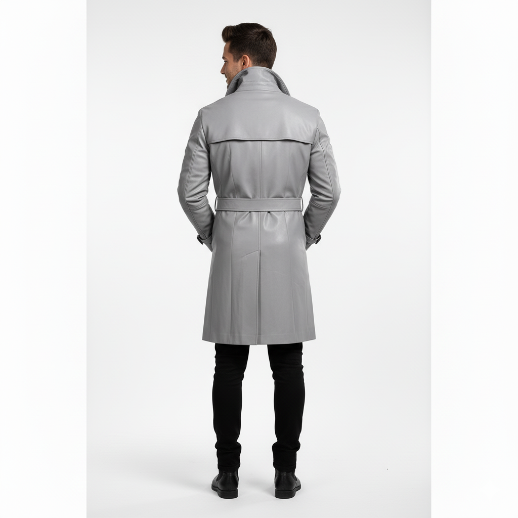 Model wearing a luxury steel grey leather trench coat