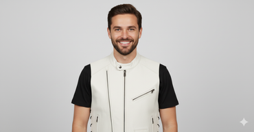 Full-length shot of a man wearing a light cream leather vest over a black t-shirt and blue jeans.