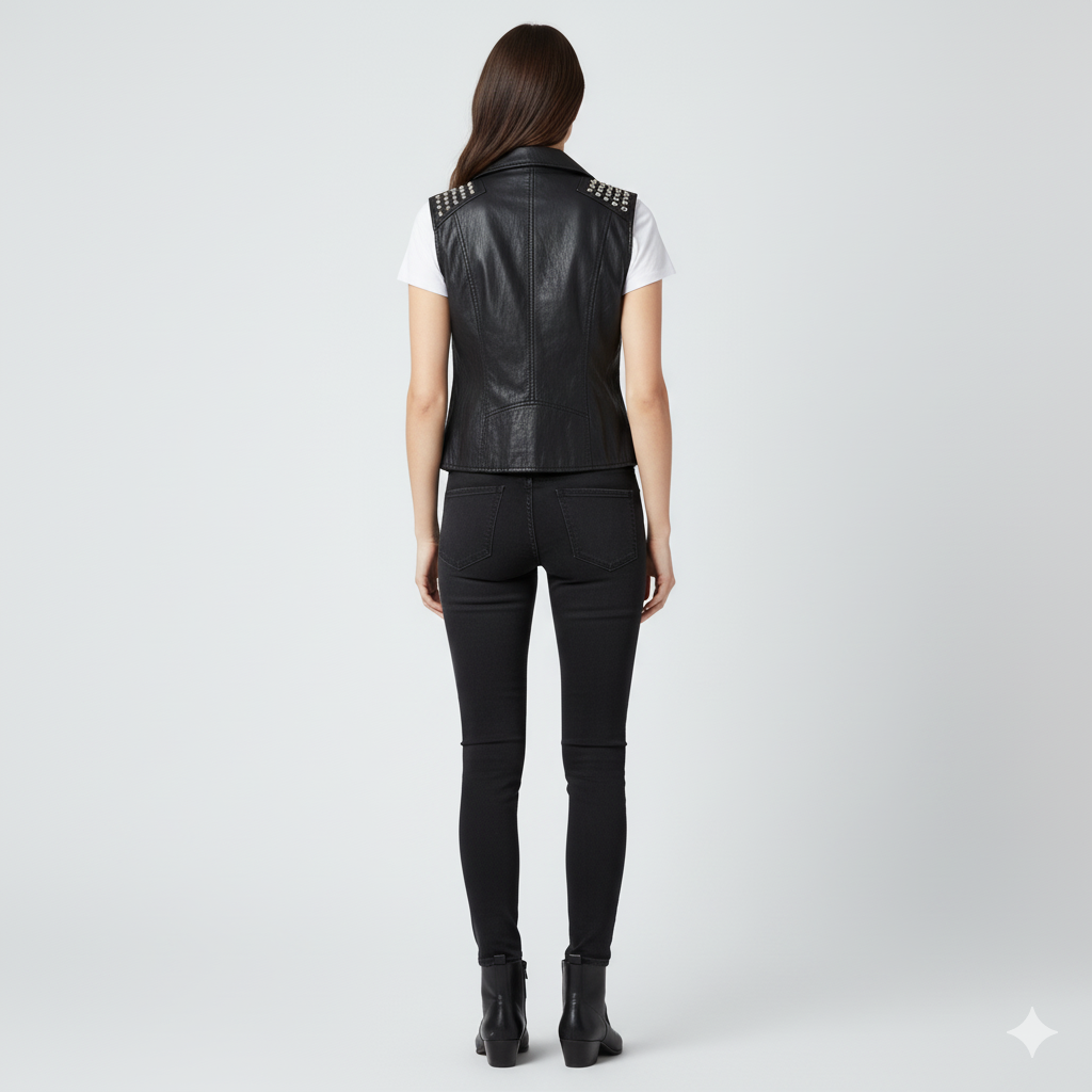 Cropped black leather moto vest with silver hardware, wide lapels, and metal rivet embellishments.