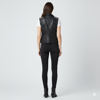 Cropped black leather moto vest with silver hardware, wide lapels, and metal rivet embellishments.
