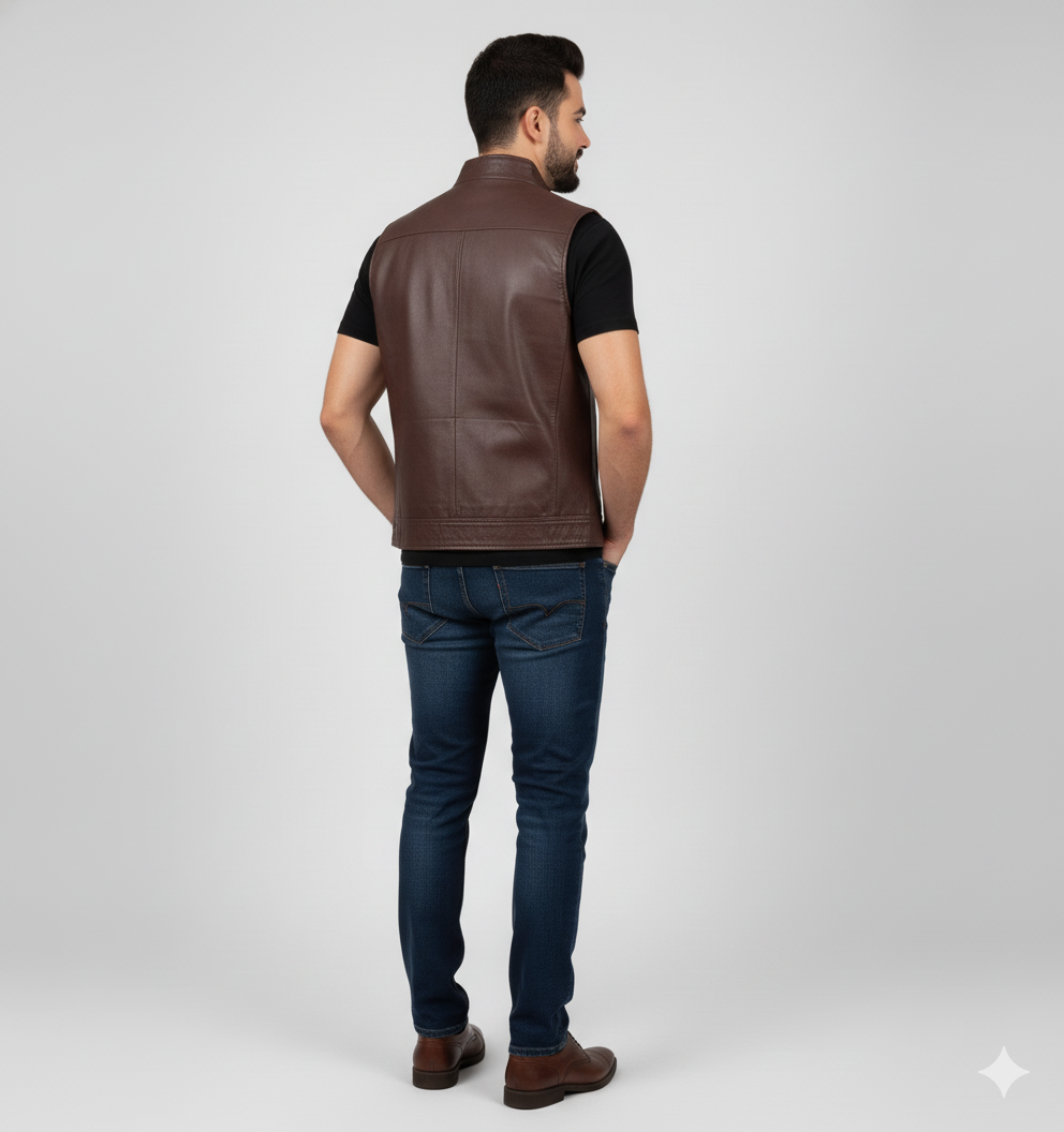Steampunk-inspired brown leather vest with brass-tone military button detailing and a stand-up collar.