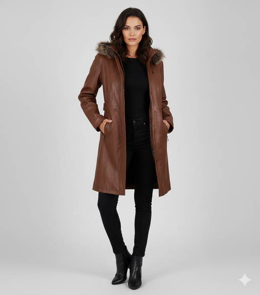 Women's cognac brown leather trench coat with a fur-trimmed hood and zip-up front.