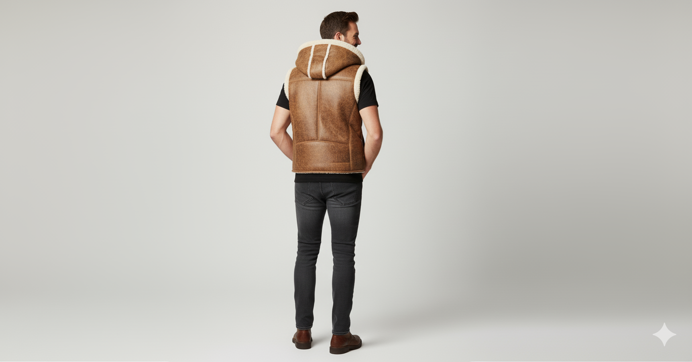 Detail shot of the textured distressed brown leather and the soft, thick cream shearling trim on the hood and vest body.