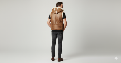 Detail shot of the textured distressed brown leather and the soft, thick cream shearling trim on the hood and vest body.