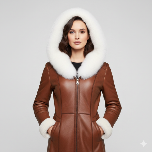 Mid-length brown moto coat for women featuring a zip-front closure and plush white shearling cuffs.