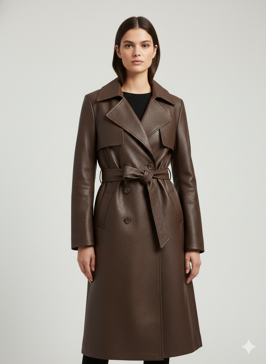 Full-length dark brown leather-look maxi coat for women featuring an embossed diamond pattern and notched lapels.