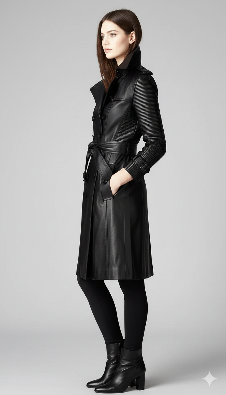 Close-up of the horizontal quilted stitching on the sleeves of a high-fashion black leather trench.