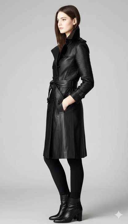 Close-up of the horizontal quilted stitching on the sleeves of a high-fashion black leather trench.