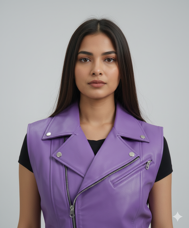 Woman wearing a purple moto vest over a black t-shirt and a black pleated midi skirt, styled with black boots.