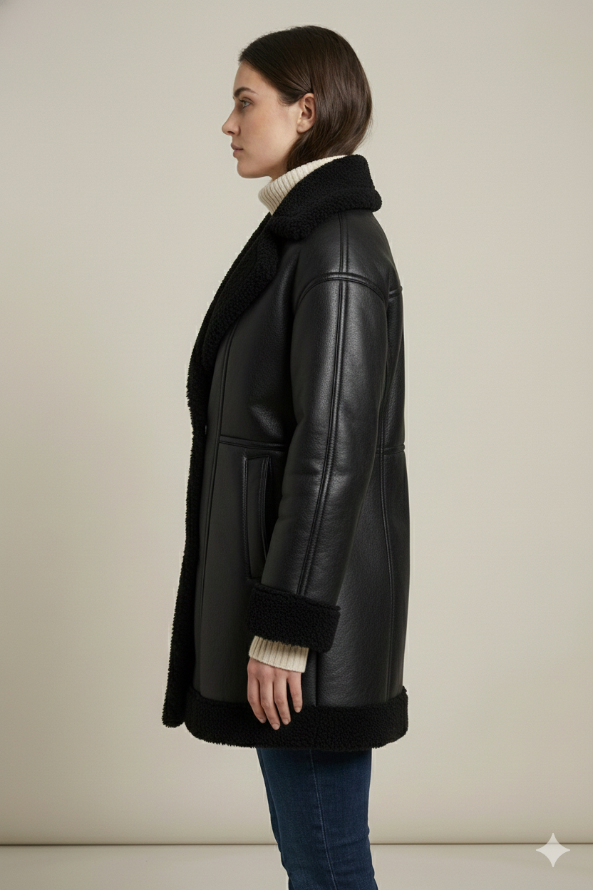 Woman wearing a black leather-look winter coat with fuzzy black sherpa trim on the wide lapels and cuffs.