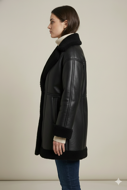Woman wearing a black leather-look winter coat with fuzzy black sherpa trim on the wide lapels and cuffs.
