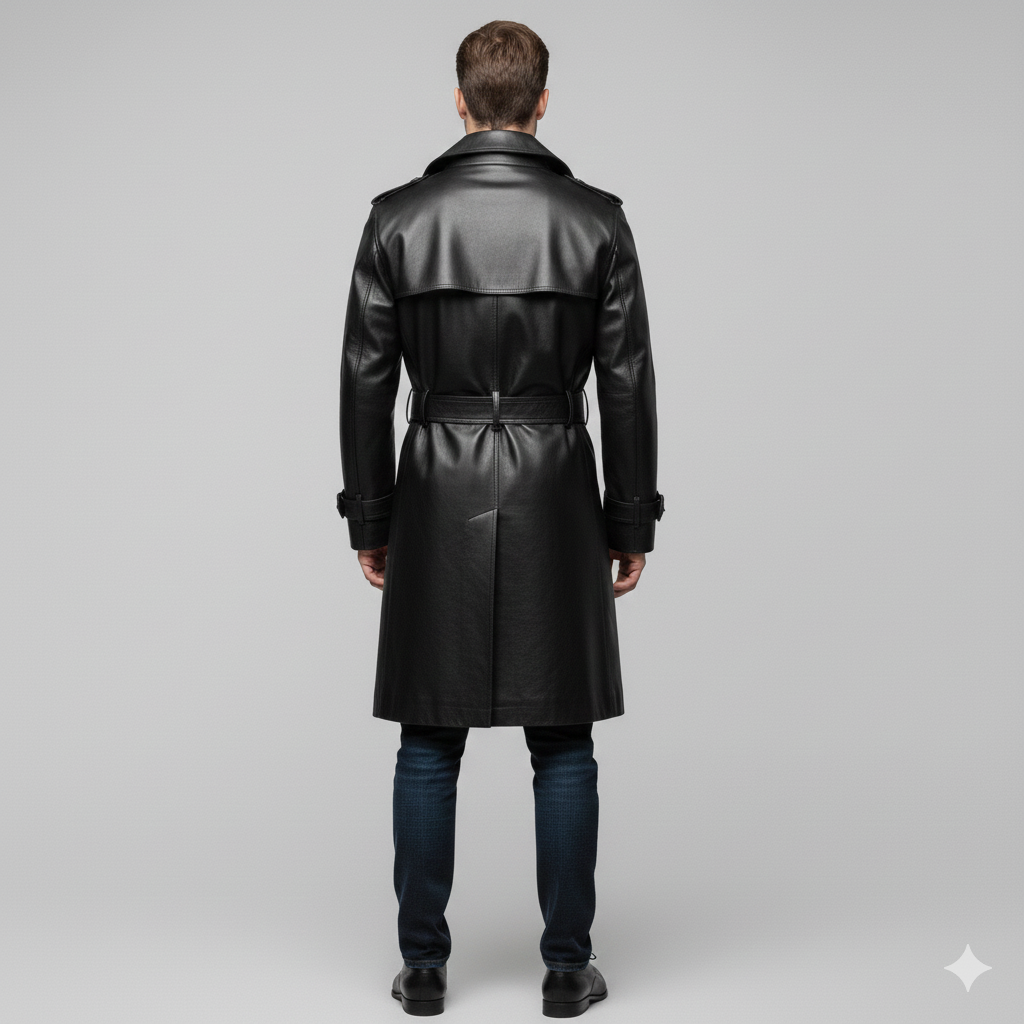 Close-up of the tonal black buttons and metallic belt buckle on a premium men's leather winter coat.
