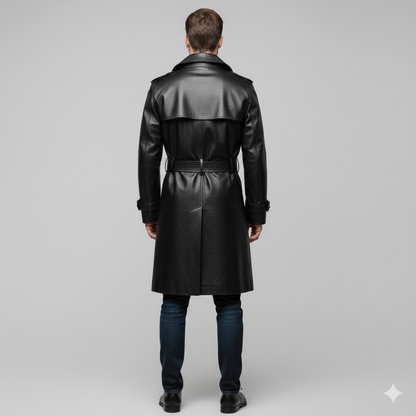 Close-up of the tonal black buttons and metallic belt buckle on a premium men's leather winter coat.