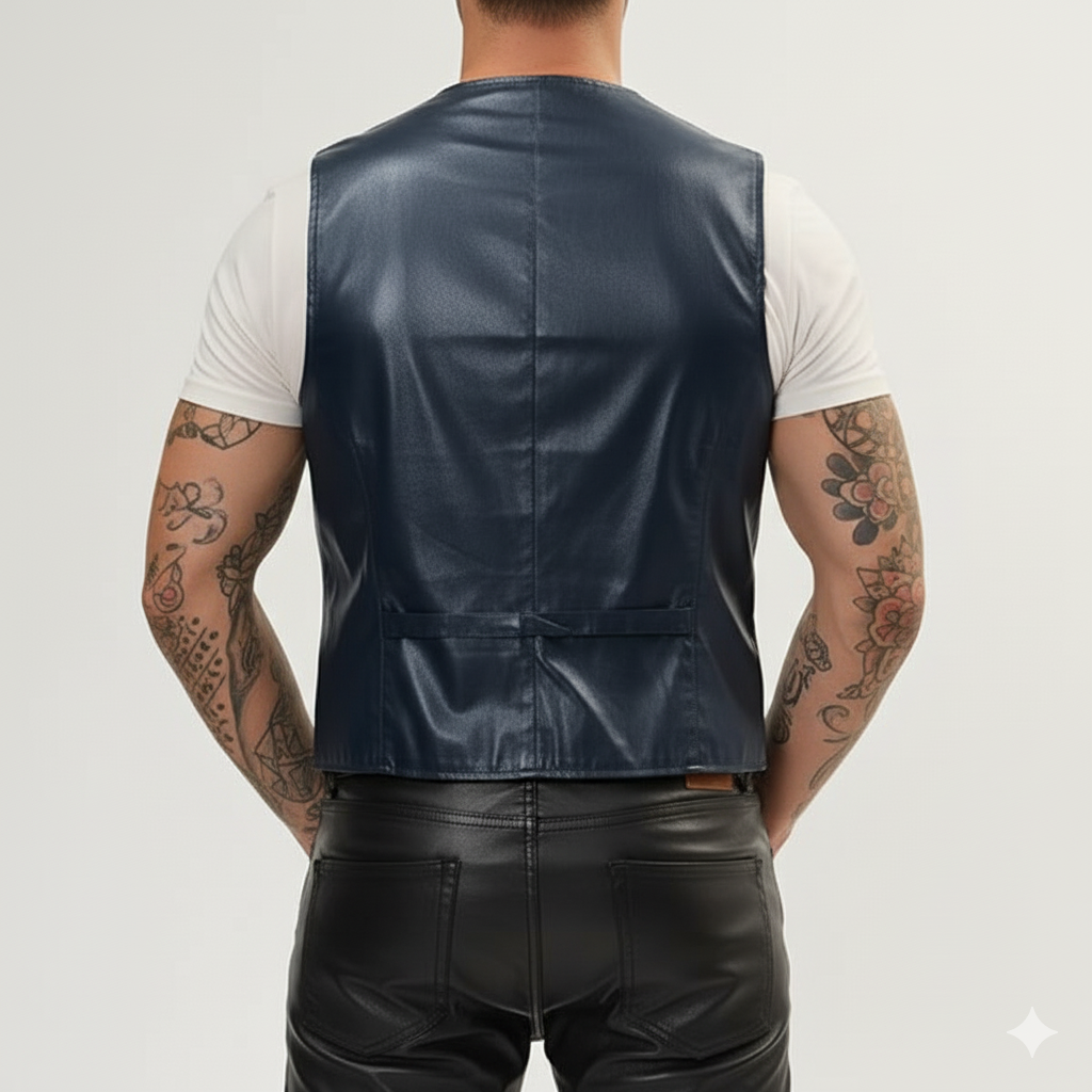 Classic, smooth navy blue leather vest with snap buttons and a traditional V-neck cut, showcasing chest area.