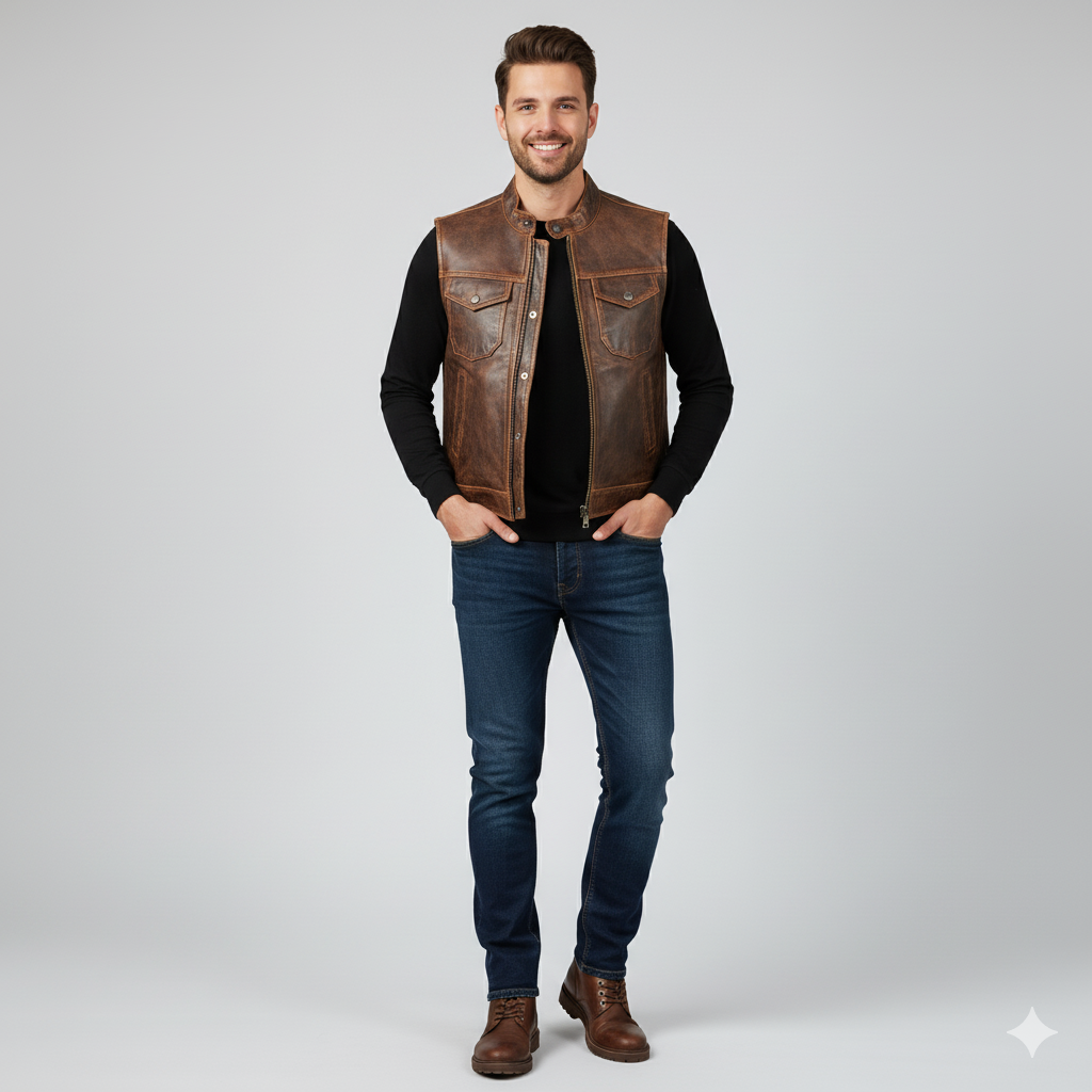 Men's distressed brown leather trucker vest with snap collar and two chest flap pockets.