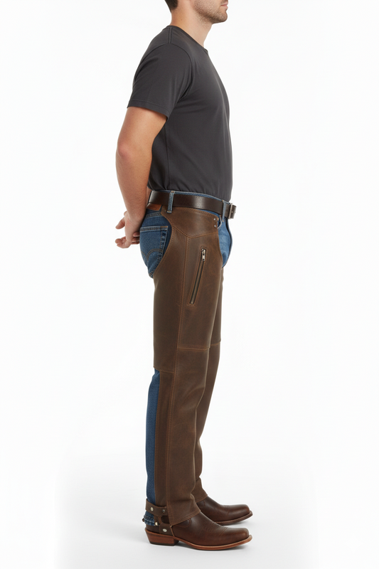 Close-up of the suede thigh pocket with snap closure and decorative silver-toned metallic stud detailing.
