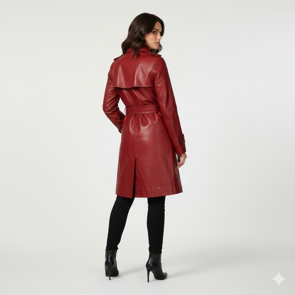 Close-up of the smooth burgundy leather finish and tonal buttons on a premium women's trench jacket.