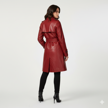 Close-up of the smooth burgundy leather finish and tonal buttons on a premium women's trench jacket.
