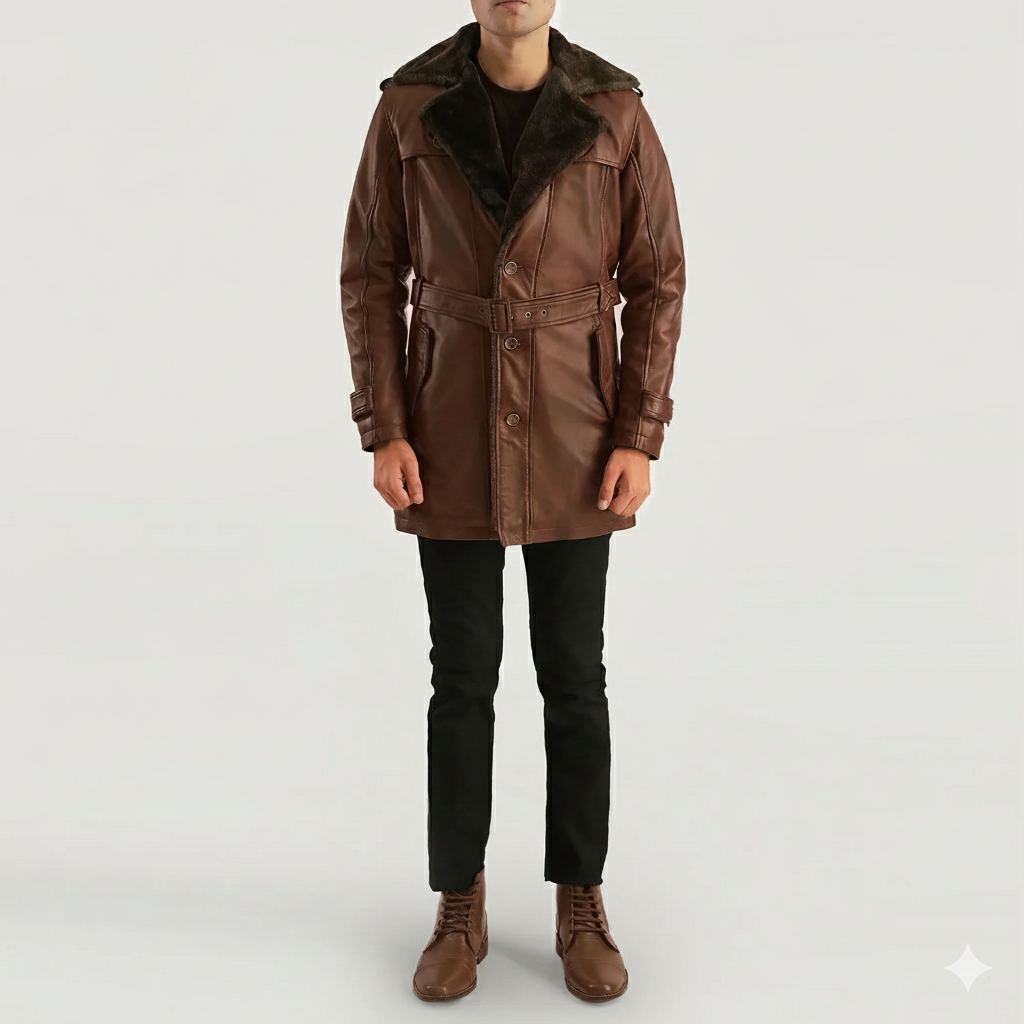 Men's bourbon brown leather trench coat with dark shearling collar and a buckled waist belt.