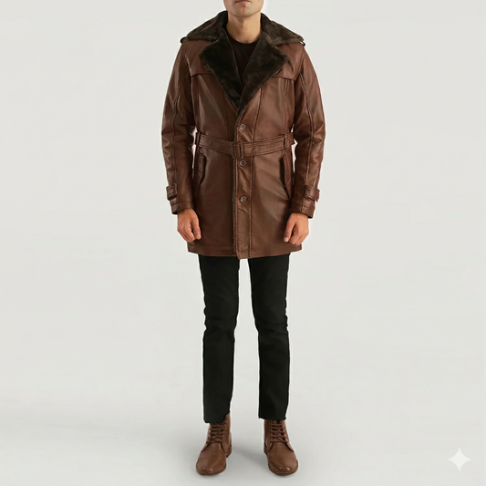 Men's bourbon brown leather trench coat with dark shearling collar and a buckled waist belt.
