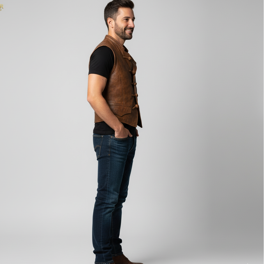 Steampunk-inspired brown leather vest with a high neck and officer-style double buttoning.