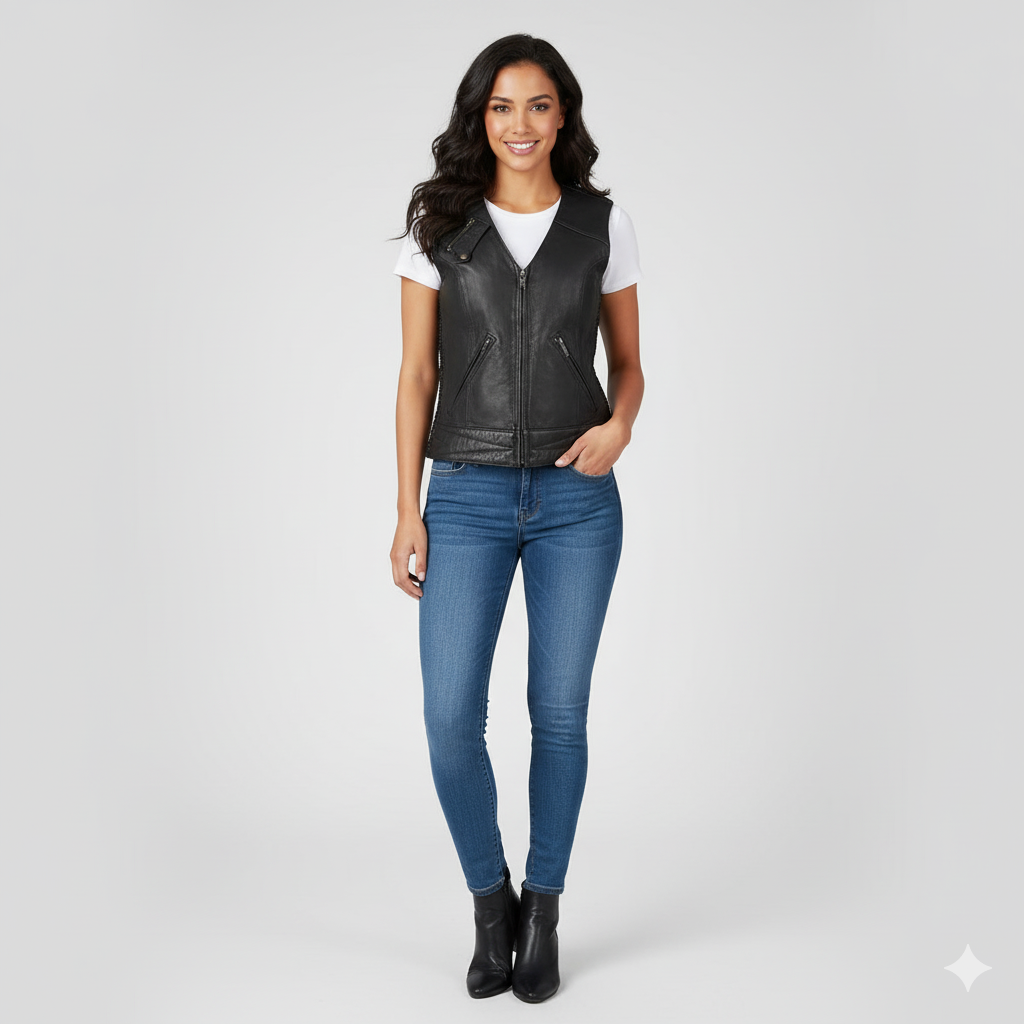 Women's black  leather vest with a scoop neck, straight front zipper, and adjustable lacing detail on the side seams.