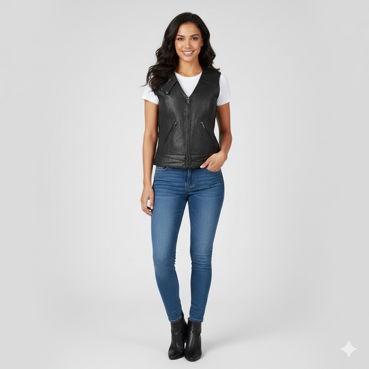 Women's black  leather vest with a scoop neck, straight front zipper, and adjustable lacing detail on the side seams.