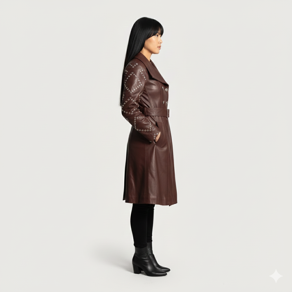 Model wearing an edgy studded leather trench coat in dark brown coat