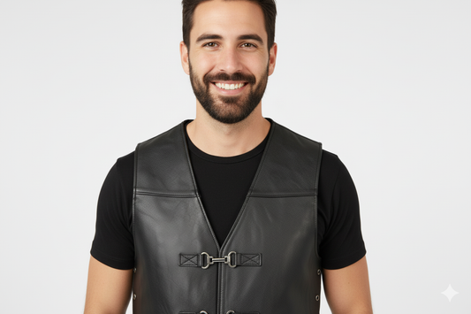 Full body shot of a man modeling a black leather motorcycle cut-off vest over a black t-shirt and dark blue jeans.