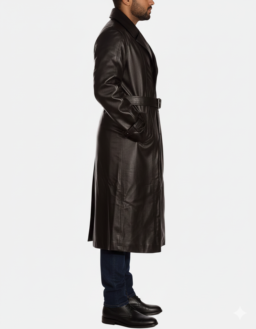 Close-up of the metallic belt buckle and reinforced eyelets on a premium men's long black leather trench.