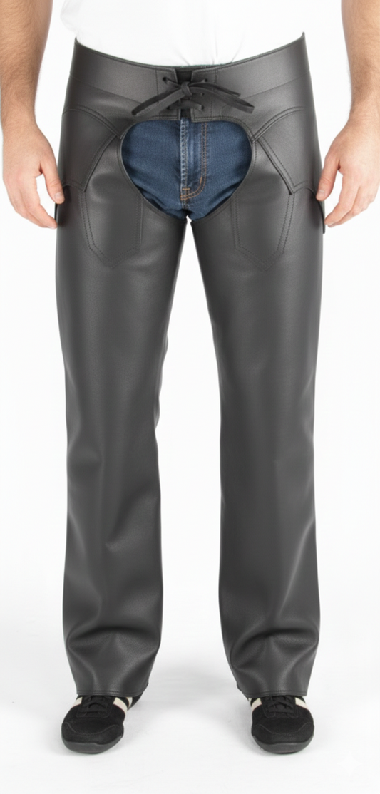 Men's obsidian black leather performance biker chaps with a diamond-quilted waistband and silver buckle.