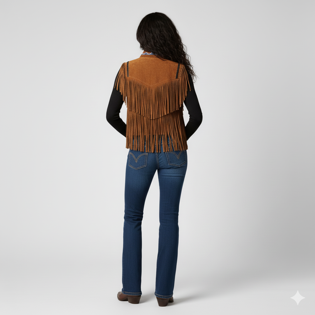 Close-up of the suede vest showing the button front closure and the circular blue and white embroidered patch.