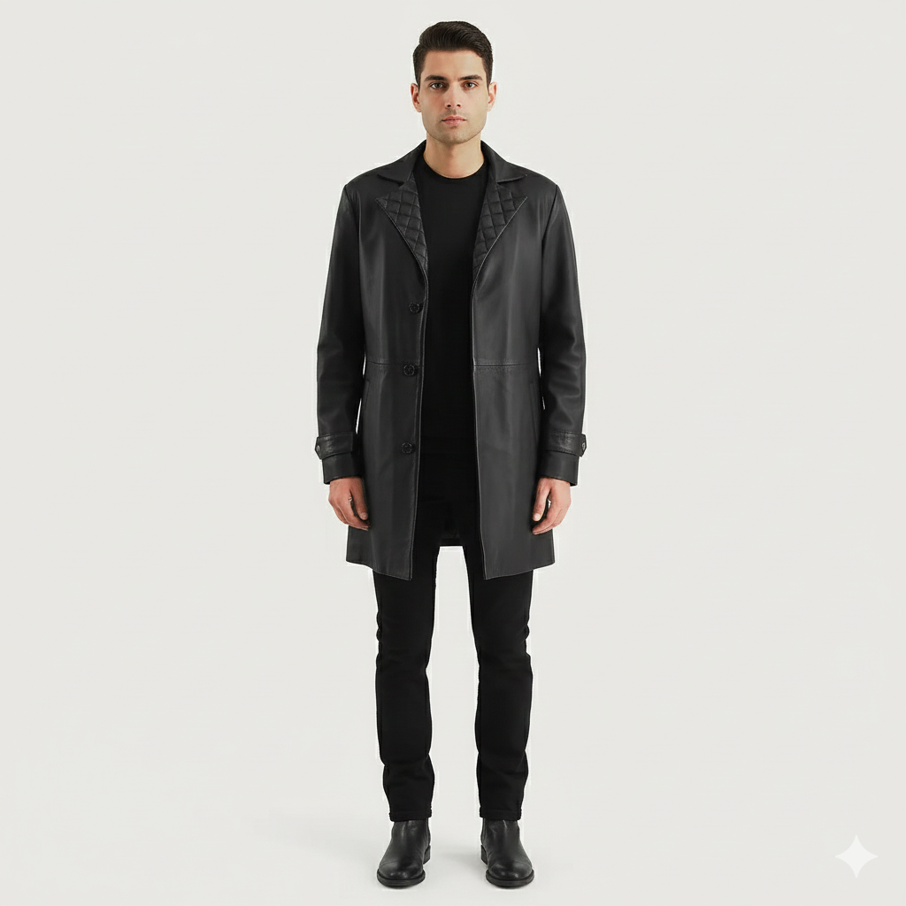 Men's onyx black leather trench coat with diamond-quilted notch lapels and a three-button front.