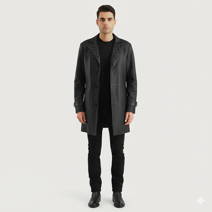 Men's onyx black leather trench coat with diamond-quilted notch lapels and a three-button front.