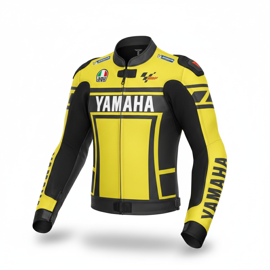 Yamaha competition yellow and black leather motorcycle racing jacket.