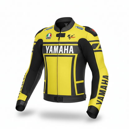 Yamaha competition yellow and black leather motorcycle racing jacket.