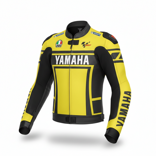 Yamaha competition yellow and black leather motorcycle racing jacket.