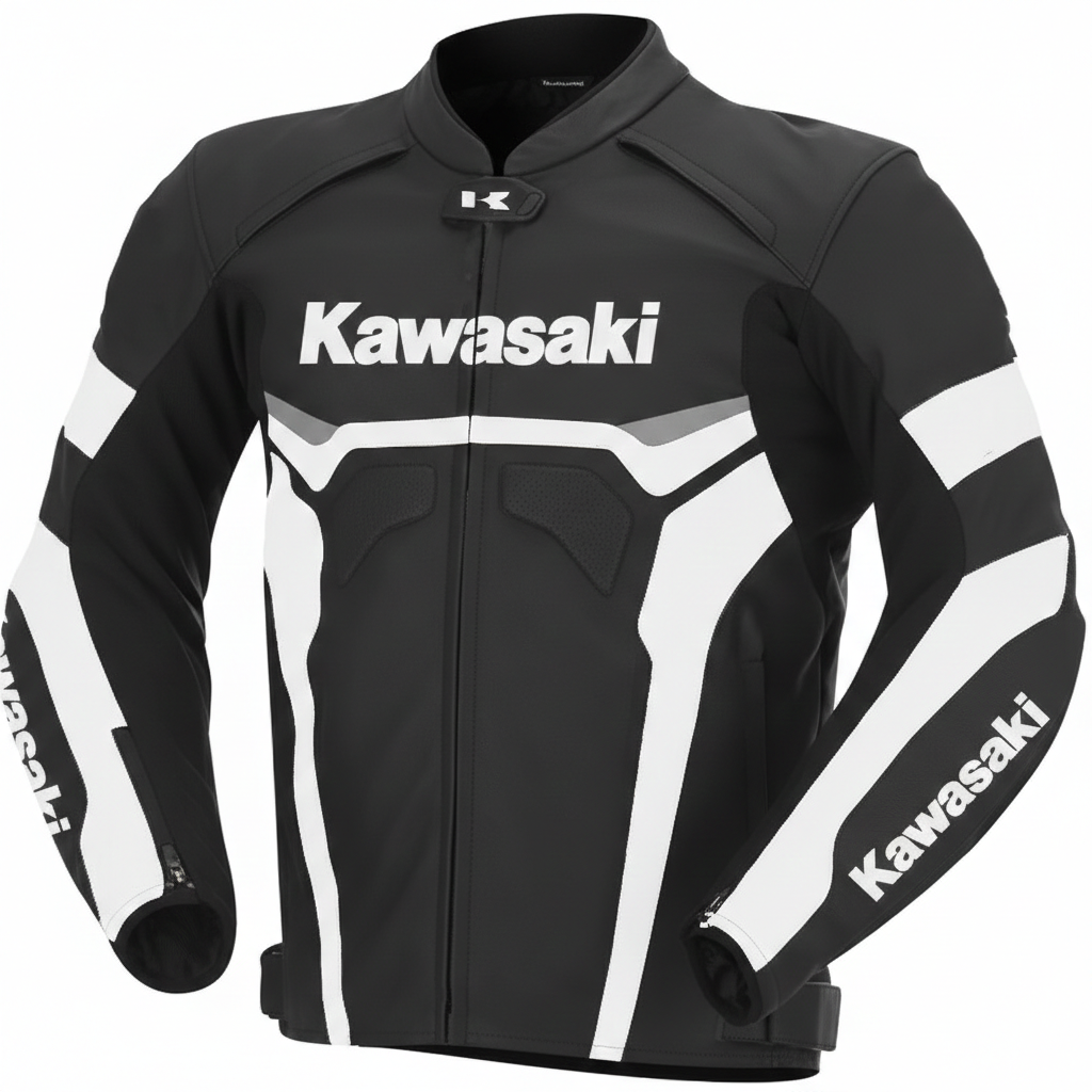 Kawasaki black and white leather motorcycle racing jacket with bold logos and integrated armor.