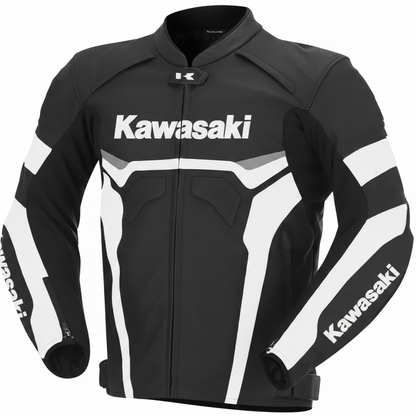 Kawasaki black and white leather motorcycle racing jacket with bold logos and integrated armor.