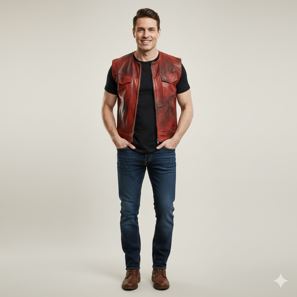 Full-length photo of a man wearing a wine red leather moto vest over a black long-sleeve shirt and dark wash jeans.