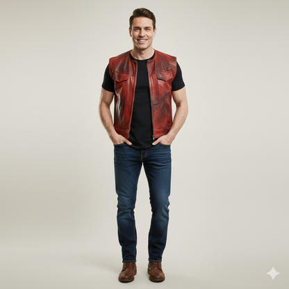 Full-length photo of a man wearing a wine red leather moto vest over a black long-sleeve shirt and dark wash jeans.