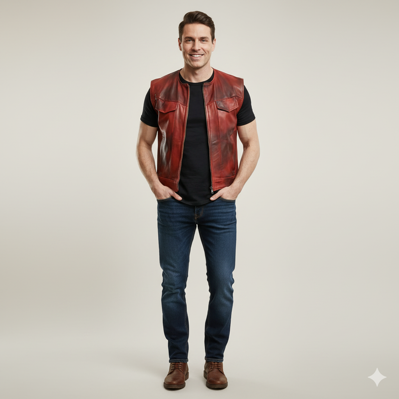 Full-length photo of a man wearing a wine red leather moto vest over a black long-sleeve shirt and dark wash jeans.