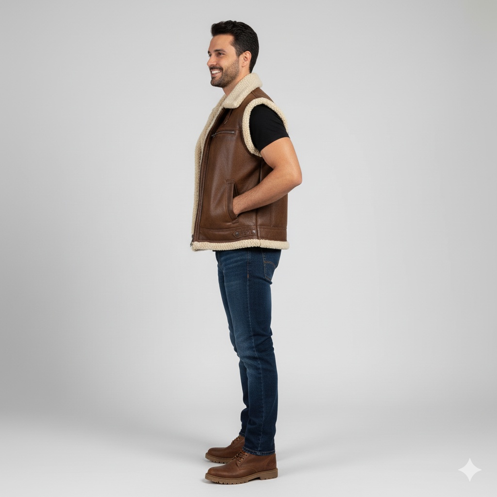 Rugged men's brown leather vest with a warm shearling collar and zippered front.