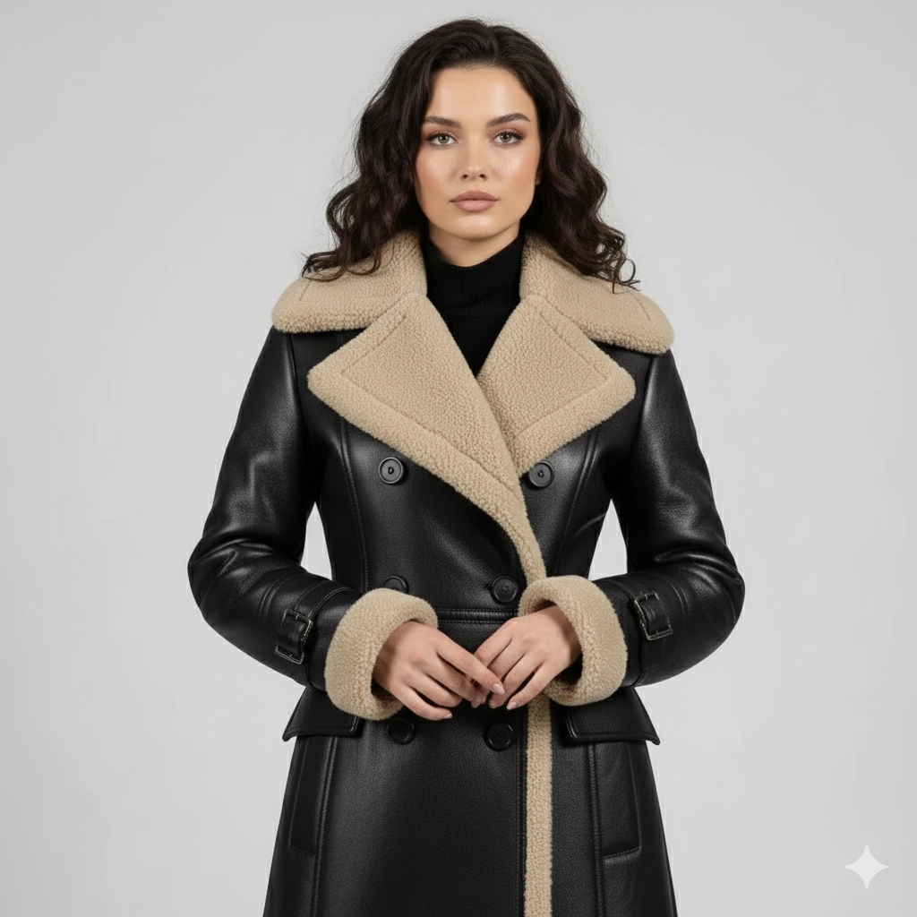 Double-breasted black leather maxi jacket for women featuring a plush cream shearling collar and hem.