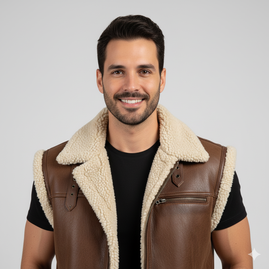 Full body shot of a man wearing a B3-style sheepskin flight vest over a black t-shirt and blue jeans.