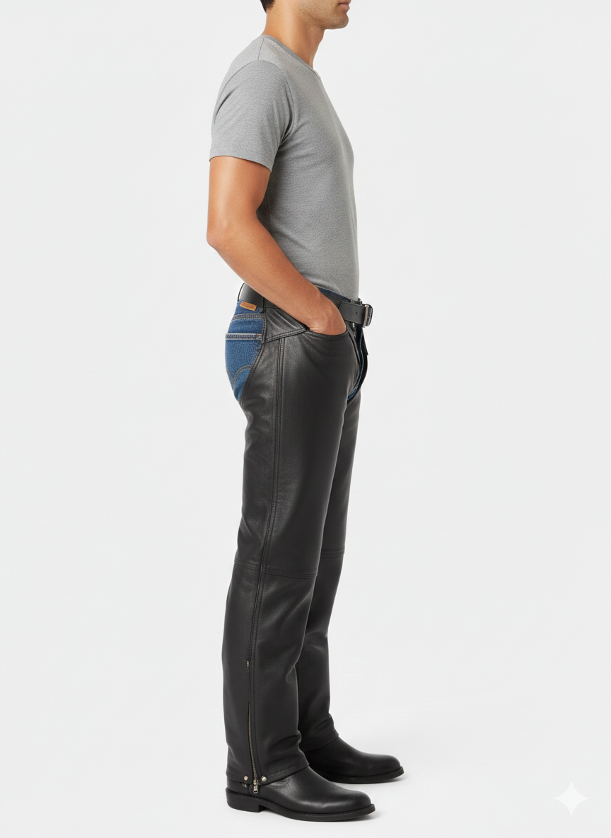 Detail of the silver-toned snaps and adjustable belt on premium black grain leather biker overpants.