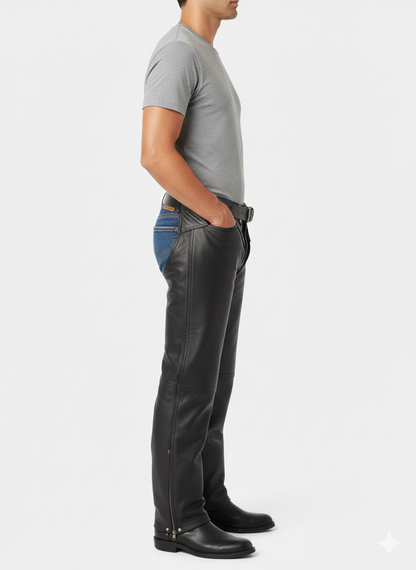 Detail of the silver-toned snaps and adjustable belt on premium black grain leather biker overpants.