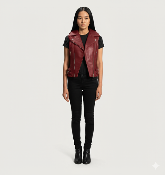 Full-length photo of a woman wearing a deep burgundy moto vest over a black t-shirt and black skinny jeans.