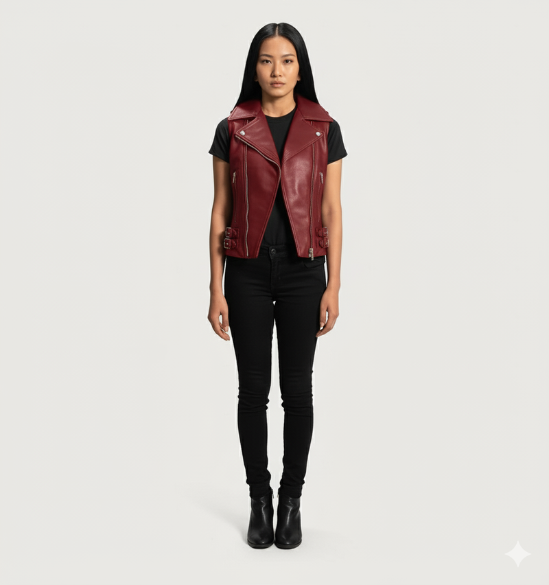 Full-length photo of a woman wearing a deep burgundy moto vest over a black t-shirt and black skinny jeans.